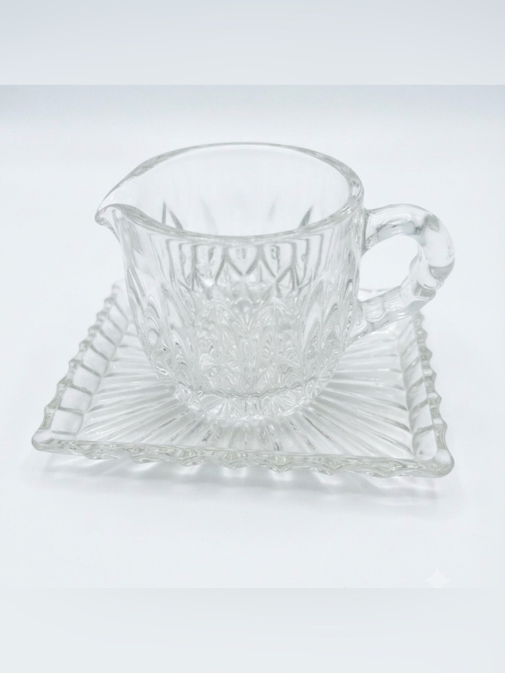 Clear Pressed Crystal Creamer Pitcher with Matching Tray - Classic Home Dining